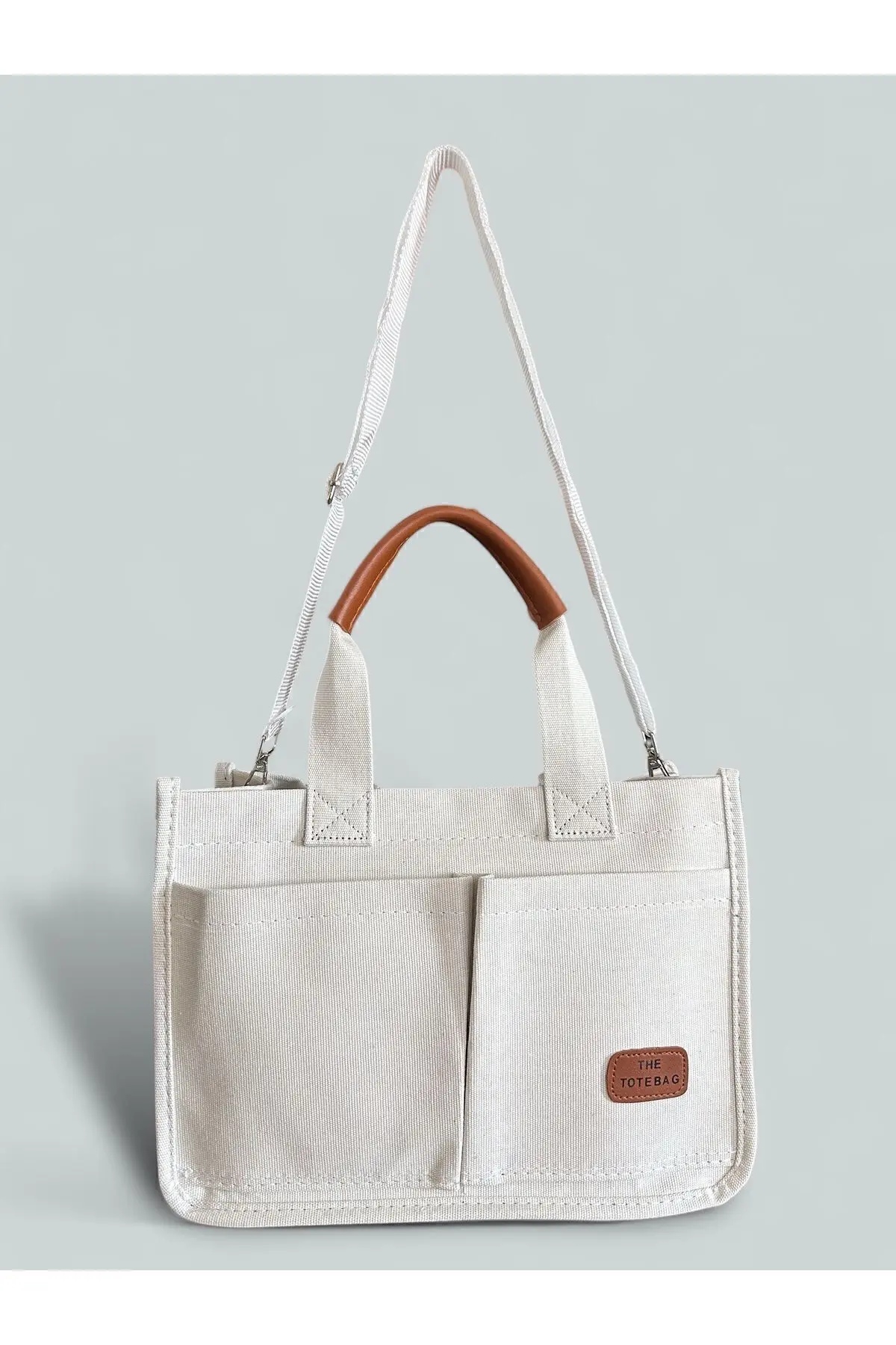 Kadın Kanvas Kumaş Beyaz Renk İki Adet Ön Cepli Tote Bag El Ve Omuz Çantası