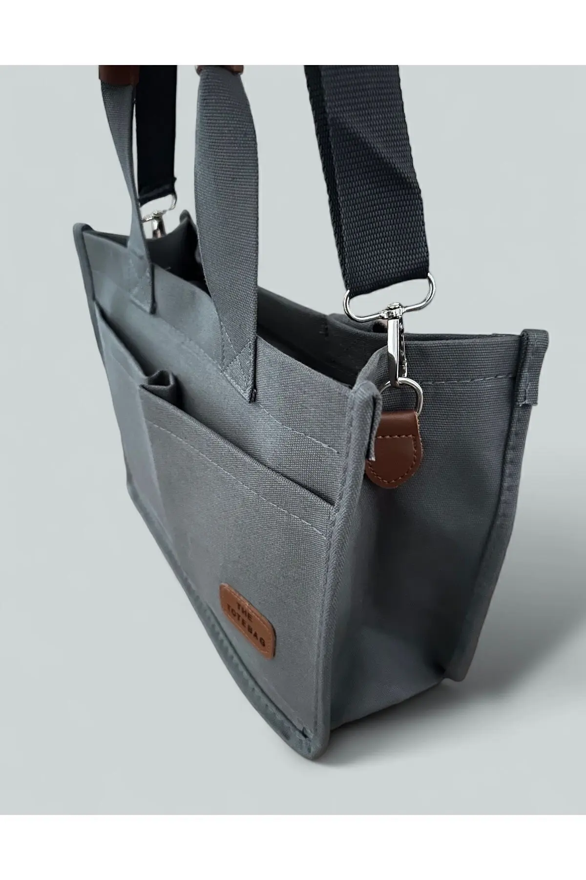 Kadın Kanvas Kumaş Gri Renk İki Adet Ön Cepli Tote Bag El Ve Omuz Çantası