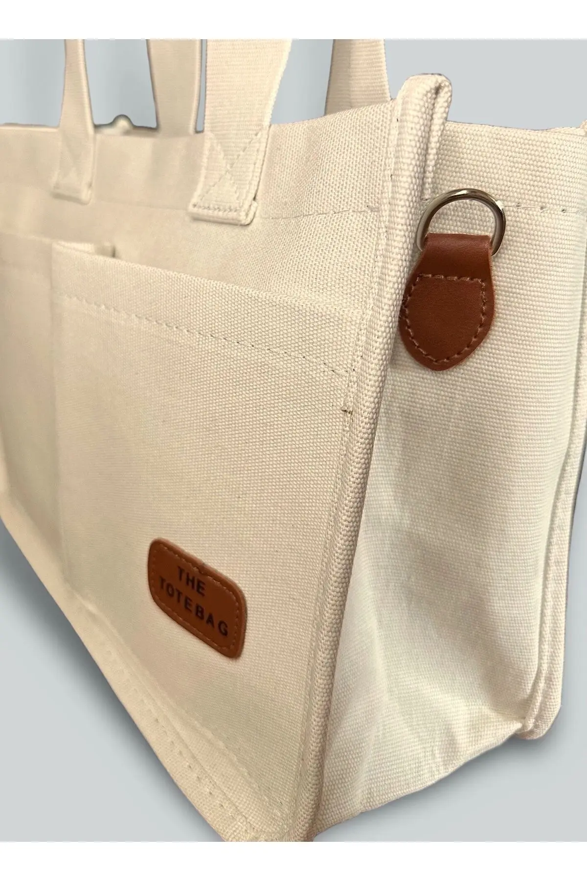Kadın Kanvas Kumaş Krem Renk İki Adet Ön Cepli Tote Bag El Ve Omuz Çantası