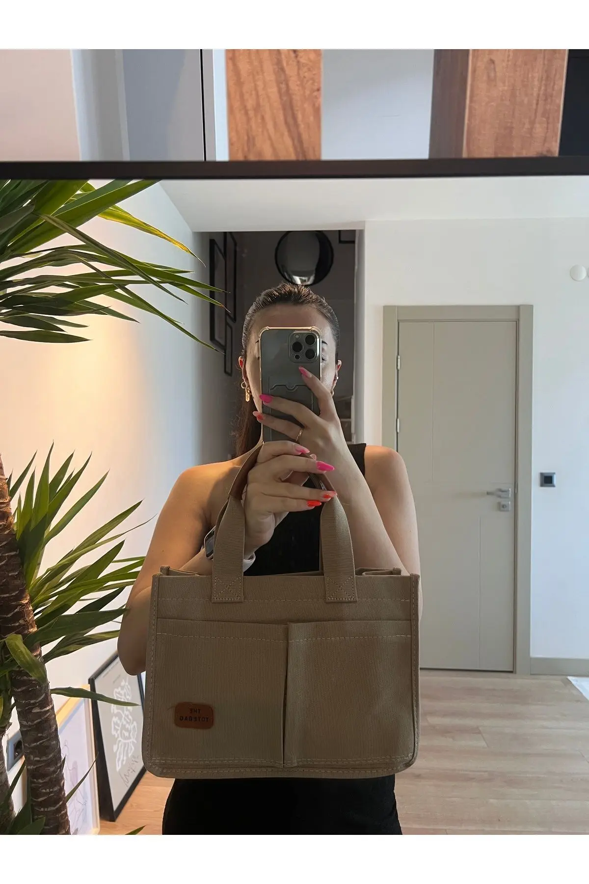 Kadın Kanvas Kumaş Bej Renk İki Adet Ön Cepli Tote Bag El Ve Omuz Çantası