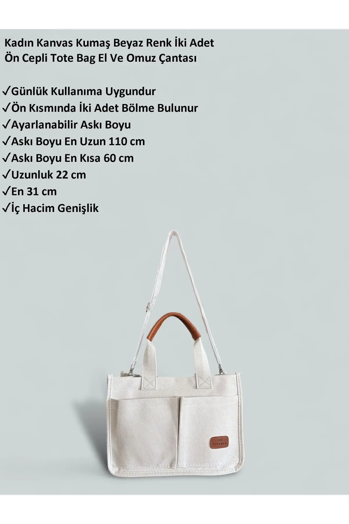 Kadın Kanvas Kumaş Beyaz Renk İki Adet Ön Cepli Tote Bag El Ve Omuz Çantası