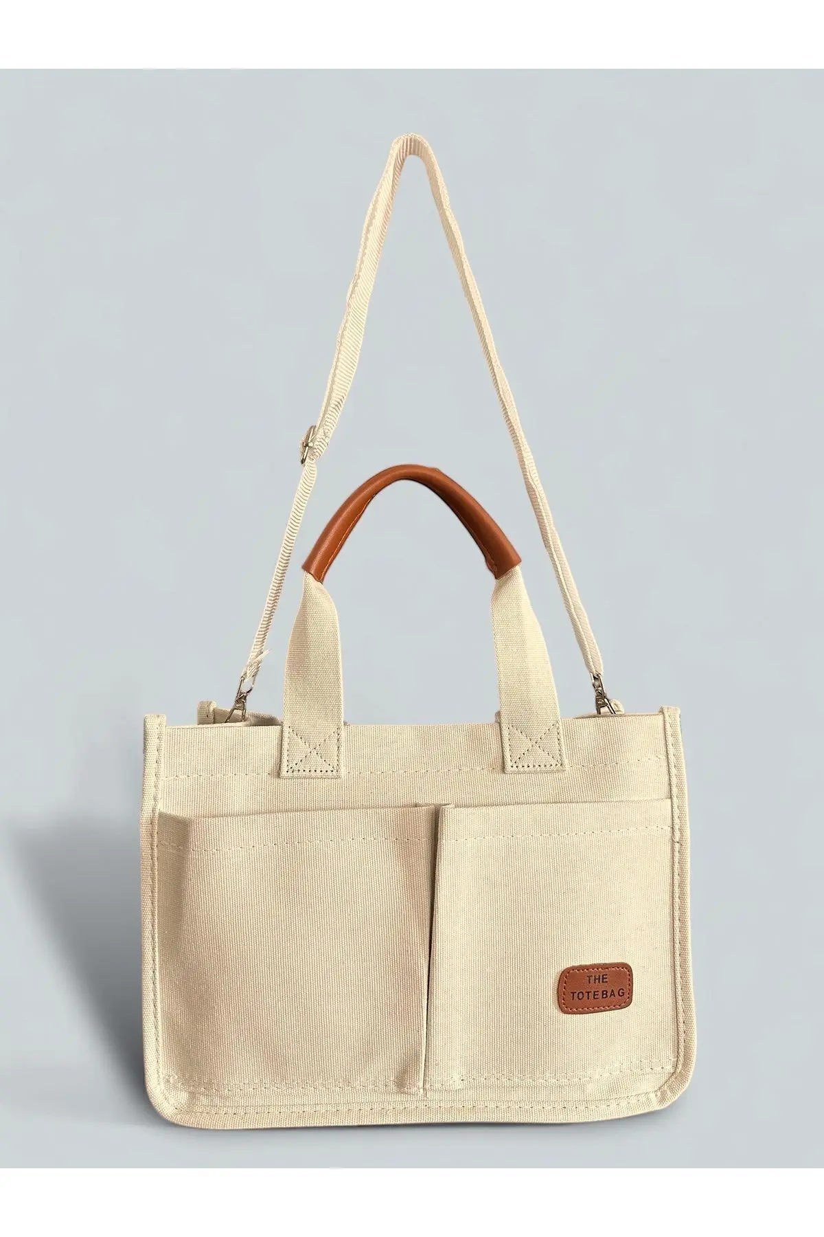 Kadın Kanvas Kumaş Krem Renk İki Adet Ön Cepli Tote Bag El Ve Omuz Çantası