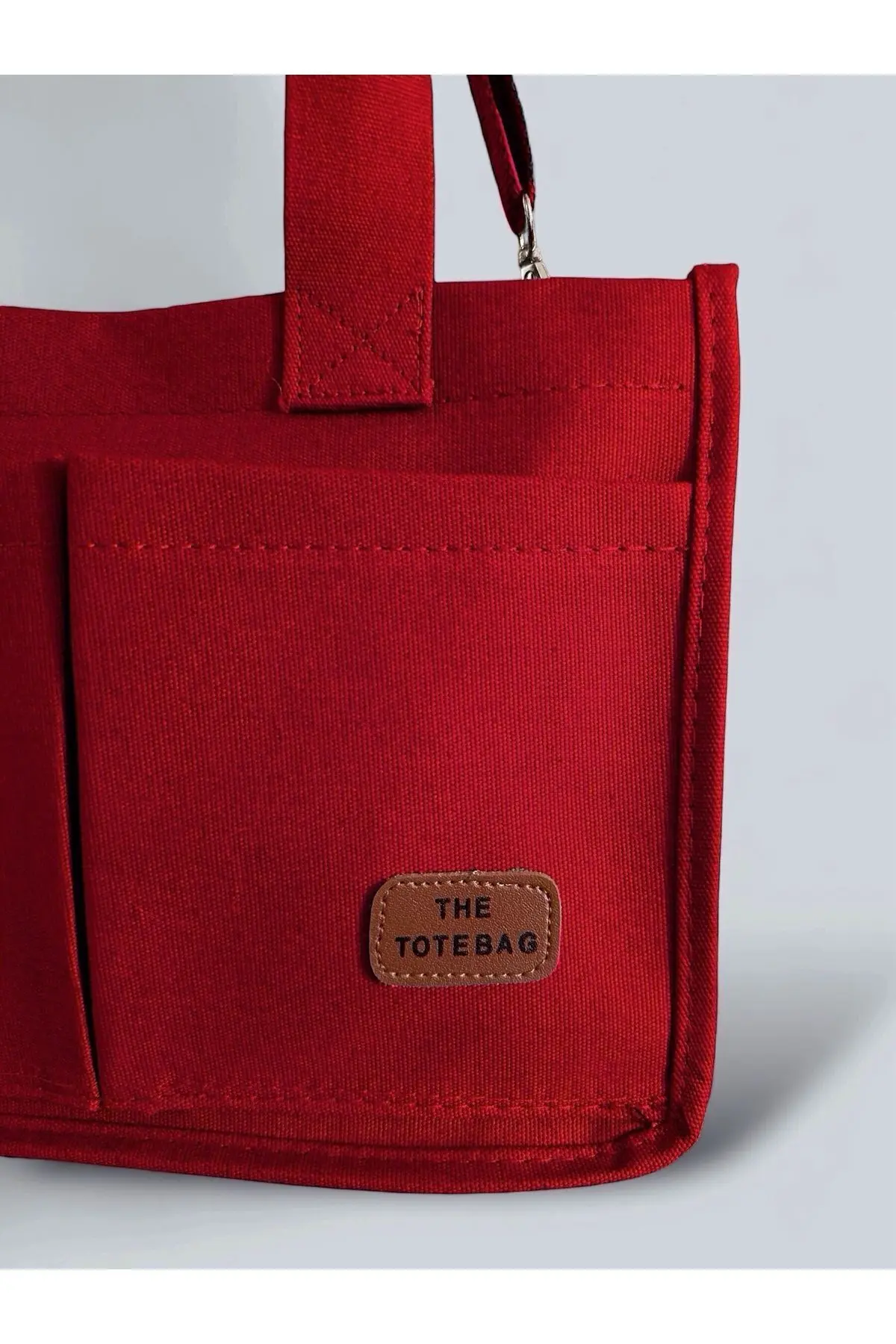 Kadın Kanvas Kumaş Kırmızı Renk İki Adet Ön Cepli Tote Bag El Ve Omuz Çantası