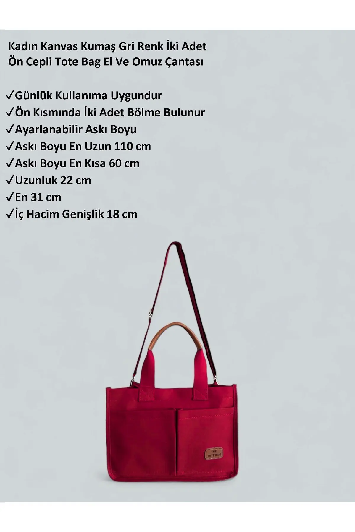 Kadın Kanvas Kumaş Kırmızı Renk İki Adet Ön Cepli Tote Bag El Ve Omuz Çantası