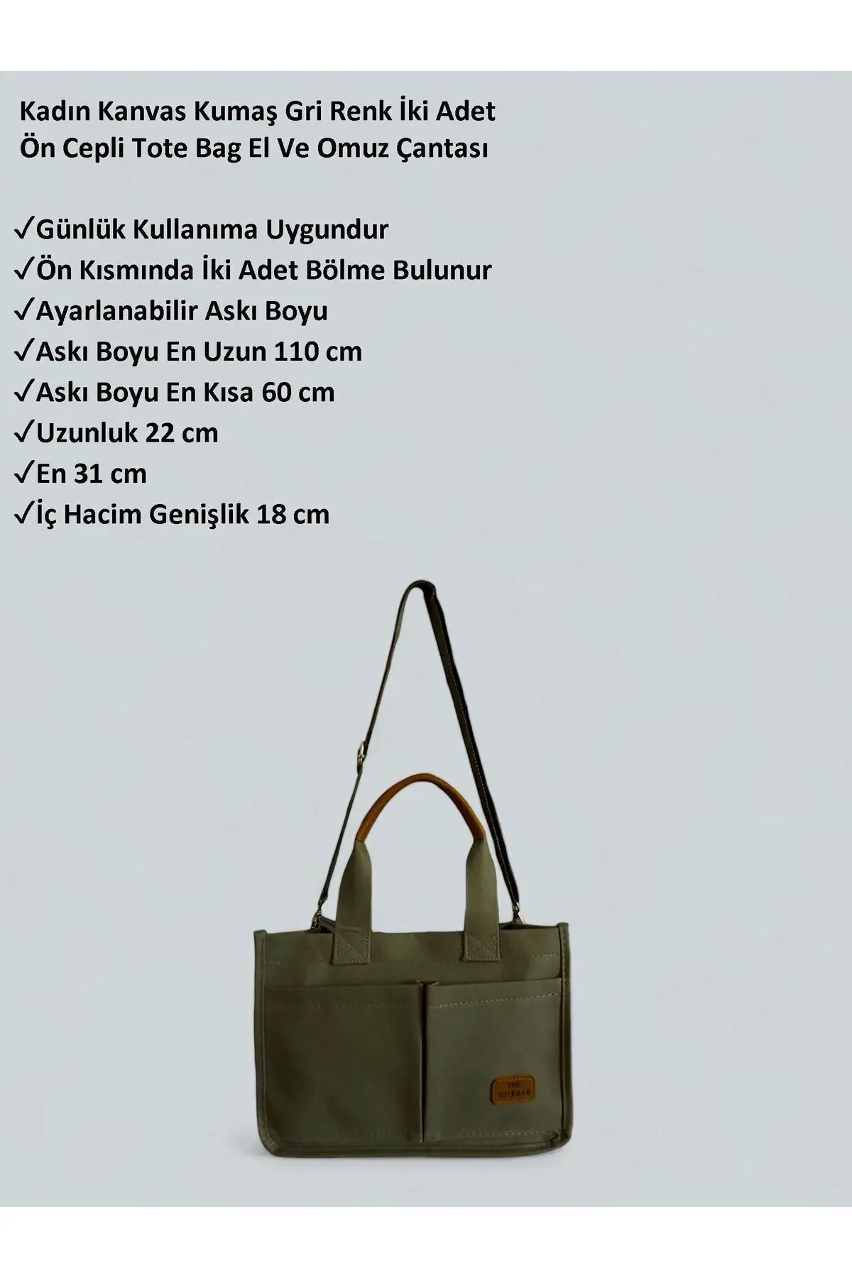Kadın Kanvas Kumaş Koyu Yeşil Renk İki Adet Ön Cepli Tote Bag El Ve Omuz Çantası