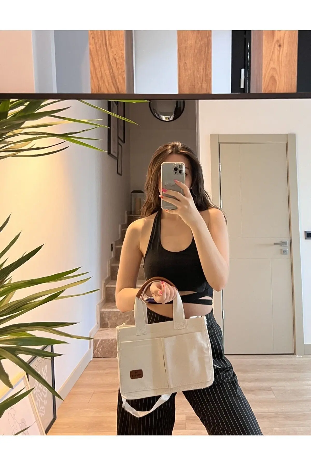 Kadın Kanvas Kumaş Beyaz Renk İki Adet Ön Cepli Tote Bag El Ve Omuz Çantası