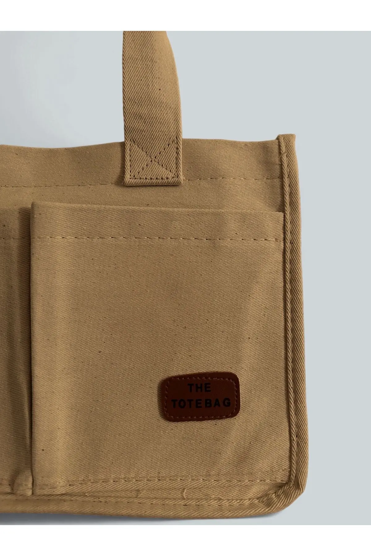 Kadın Kanvas Kumaş Bej Renk İki Adet Ön Cepli Tote Bag El Ve Omuz Çantası
