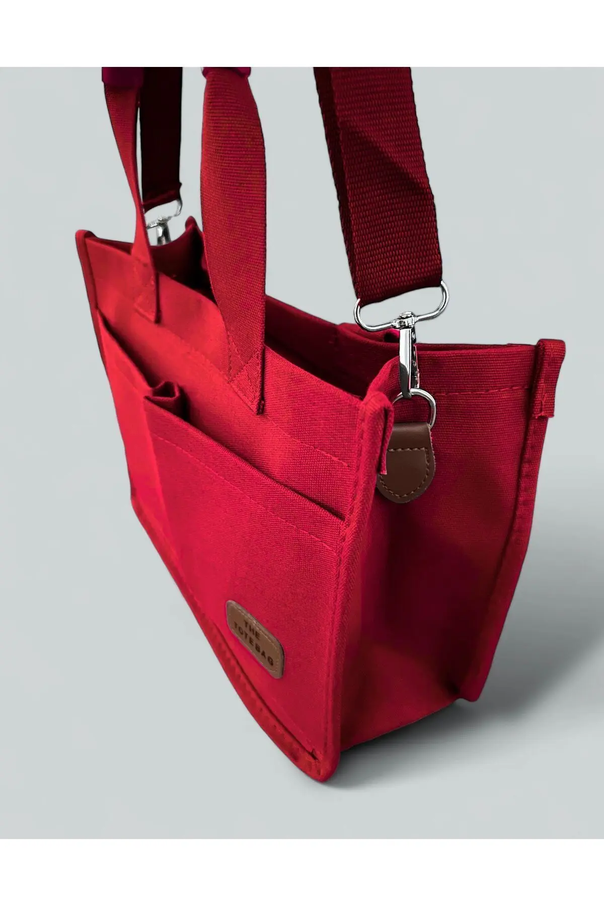 Kadın Kanvas Kumaş Kırmızı Renk İki Adet Ön Cepli Tote Bag El Ve Omuz Çantası