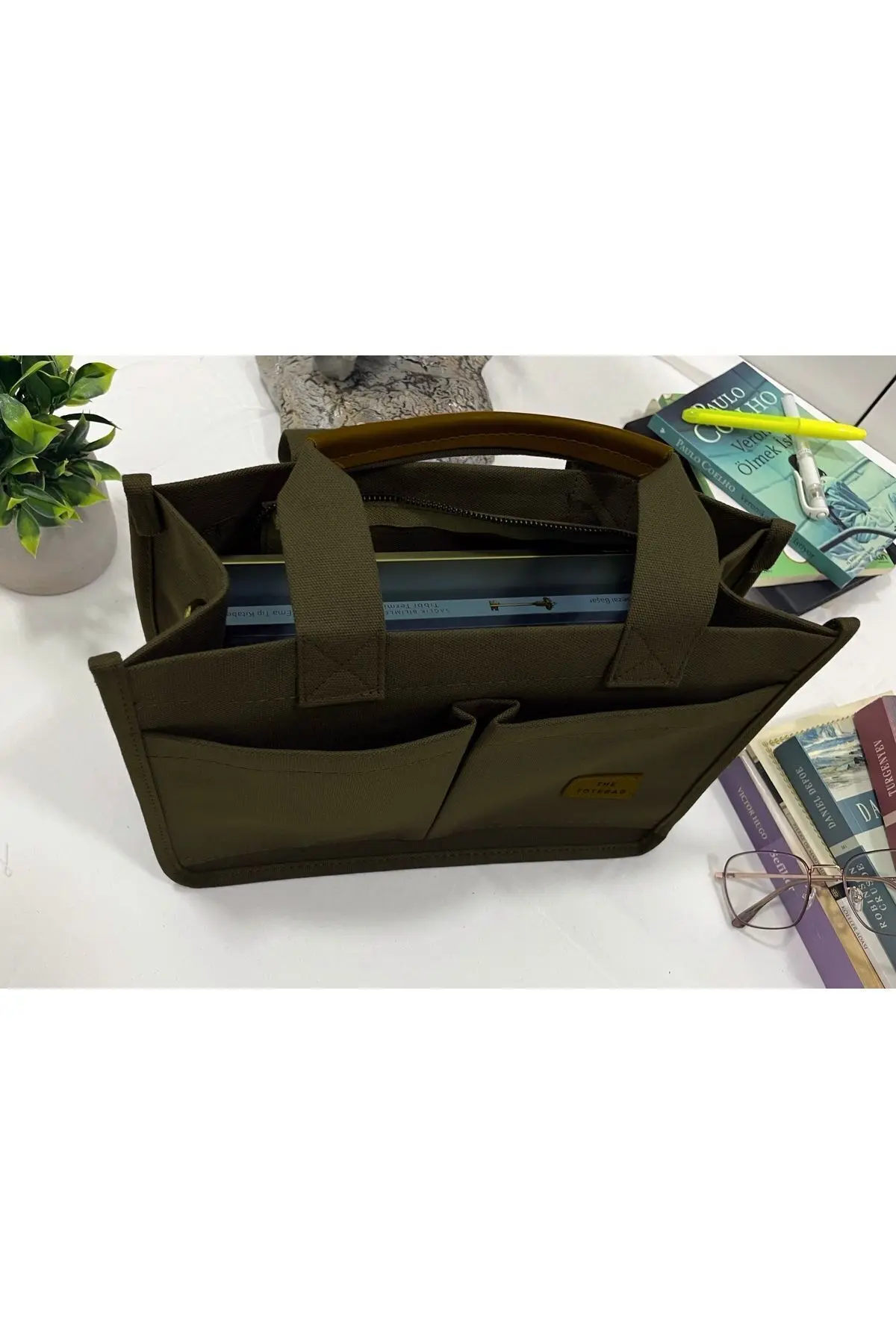 Kadın Kanvas Kumaş Koyu Yeşil Renk İki Adet Ön Cepli Tote Bag El Ve Omuz Çantası