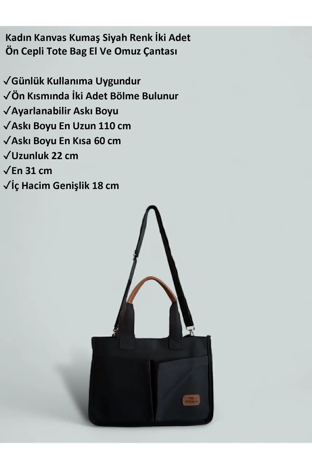Kadın Kanvas Kumaş Siyah Renk İki Adet Ön Cepli Tote Bag El Ve Omuz Çantası