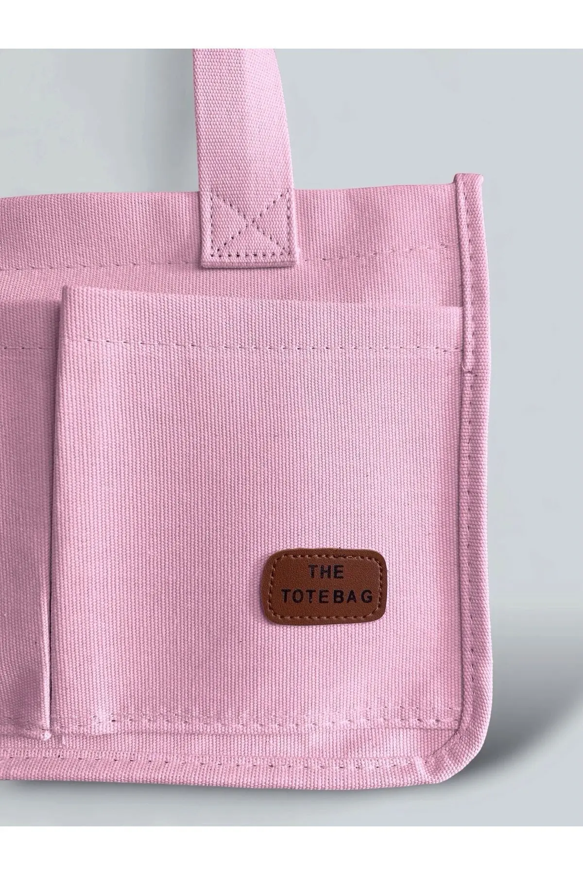 Kadın Kanvas Kumaş Pembe Renk İki Adet Ön Cepli Tote Bag El Ve Omuz Çantası