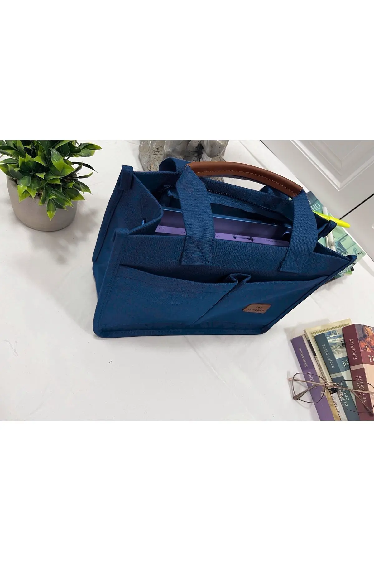 Kadın Kanvas Kumaş Mavi Renk İki Adet Ön Cepli Tote Bag El Ve Omuz Çantası
