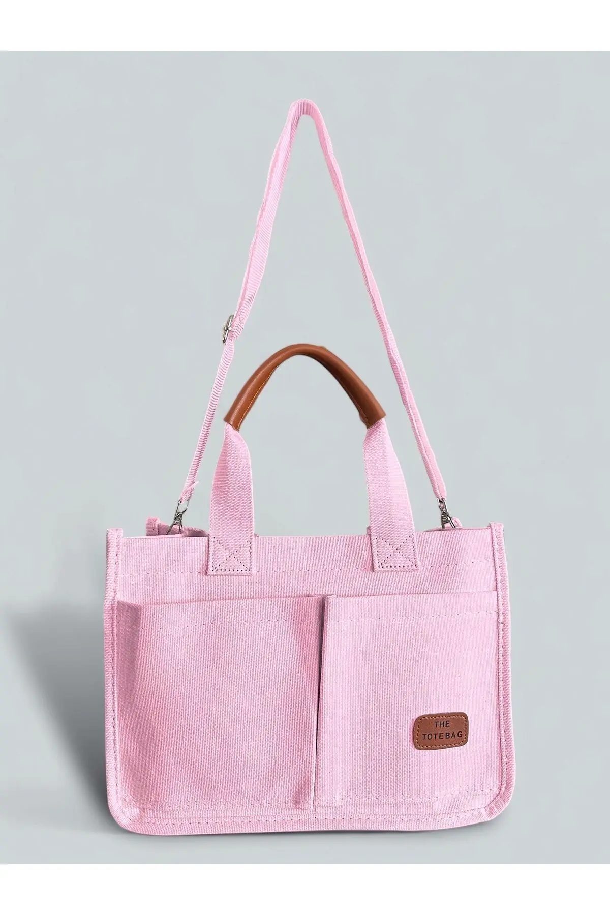 Kadın Kanvas Kumaş Pembe Renk İki Adet Ön Cepli Tote Bag El Ve Omuz Çantası