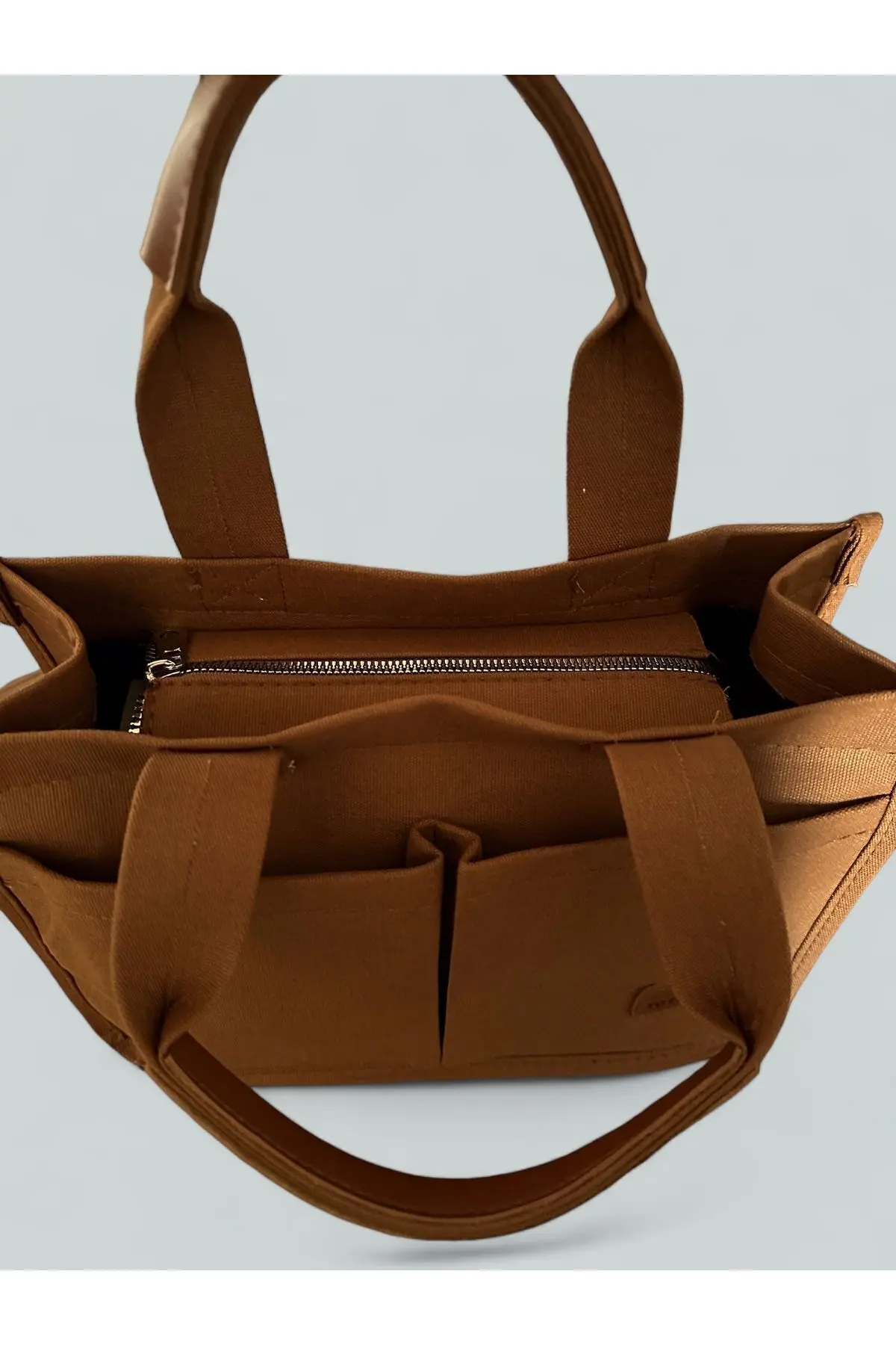 Kadın Kanvas Kumaş Taba Renk İki Adet Ön Cepli Tote Bag El Ve Omuz Çantası