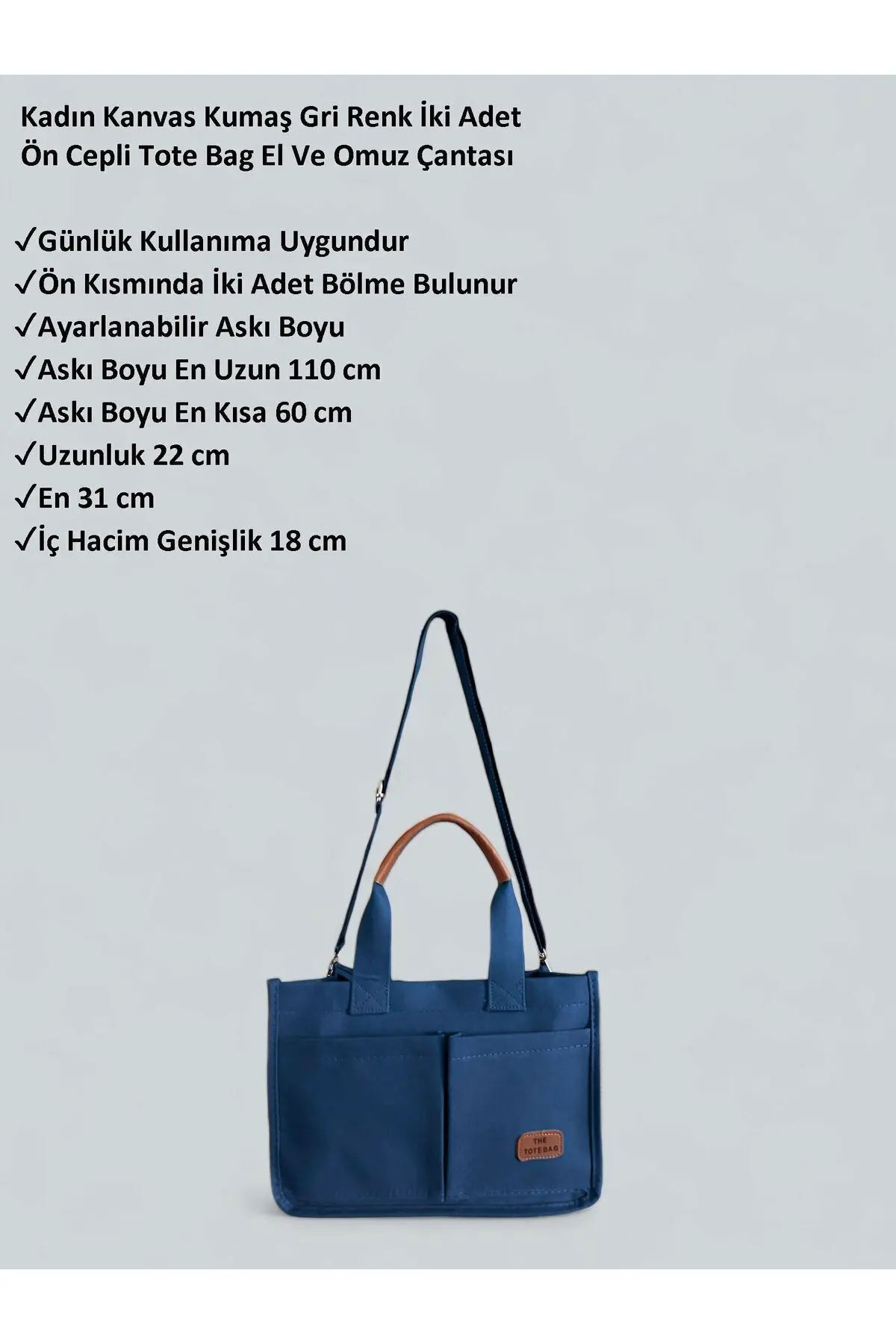 Kadın Kanvas Kumaş Mavi Renk İki Adet Ön Cepli Tote Bag El Ve Omuz Çantası