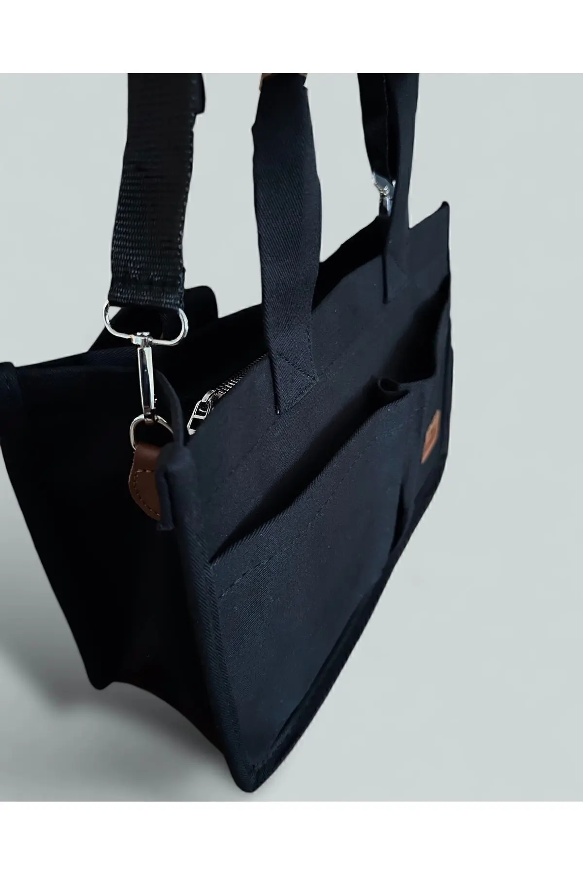 Kadın Kanvas Kumaş Siyah Renk İki Adet Ön Cepli Tote Bag El Ve Omuz Çantası