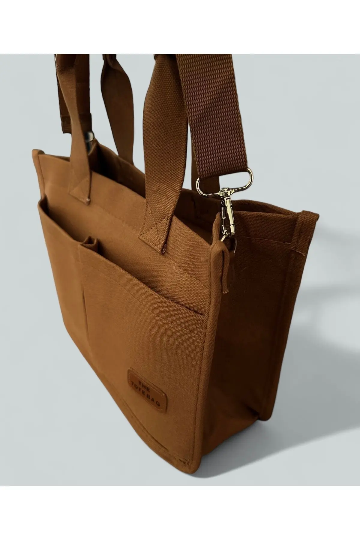 Kadın Kanvas Kumaş Taba Renk İki Adet Ön Cepli Tote Bag El Ve Omuz Çantası