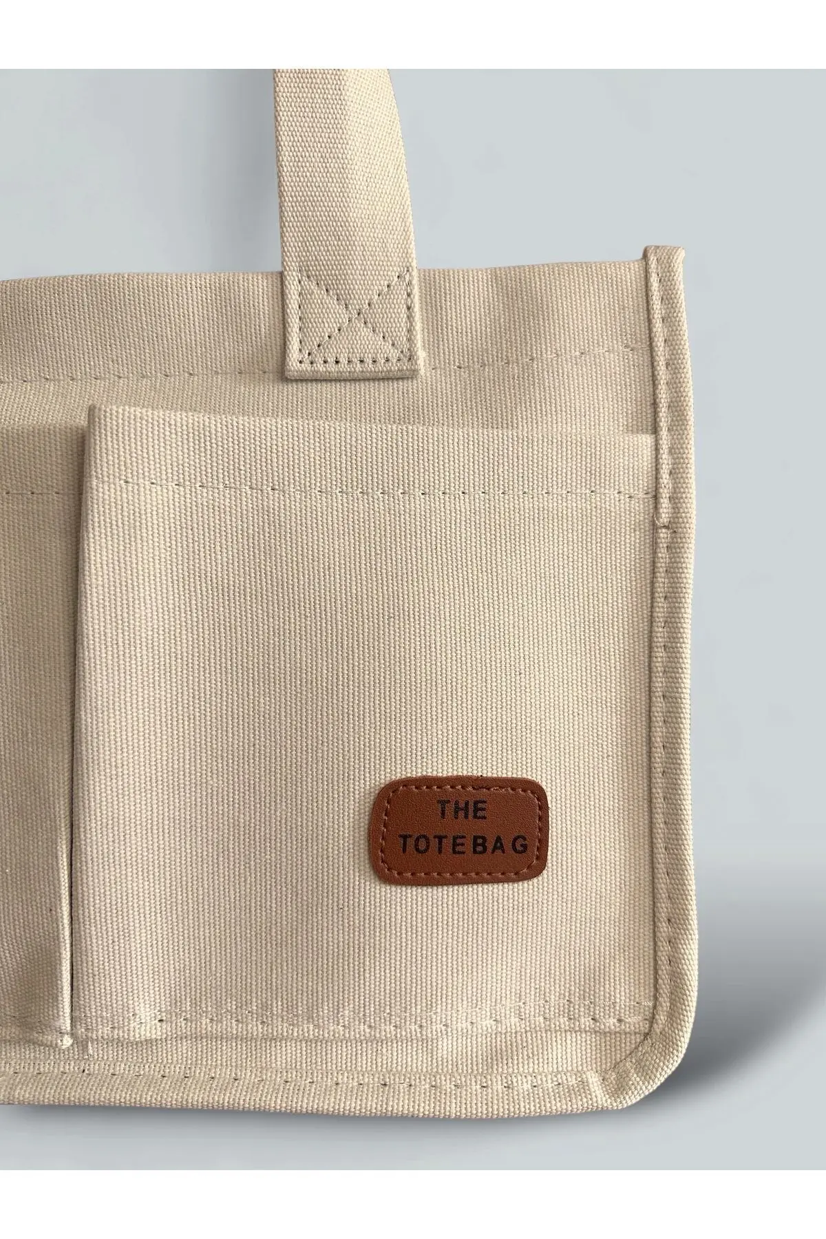 Kadın Kanvas Kumaş Krem Renk İki Adet Ön Cepli Tote Bag El Ve Omuz Çantası