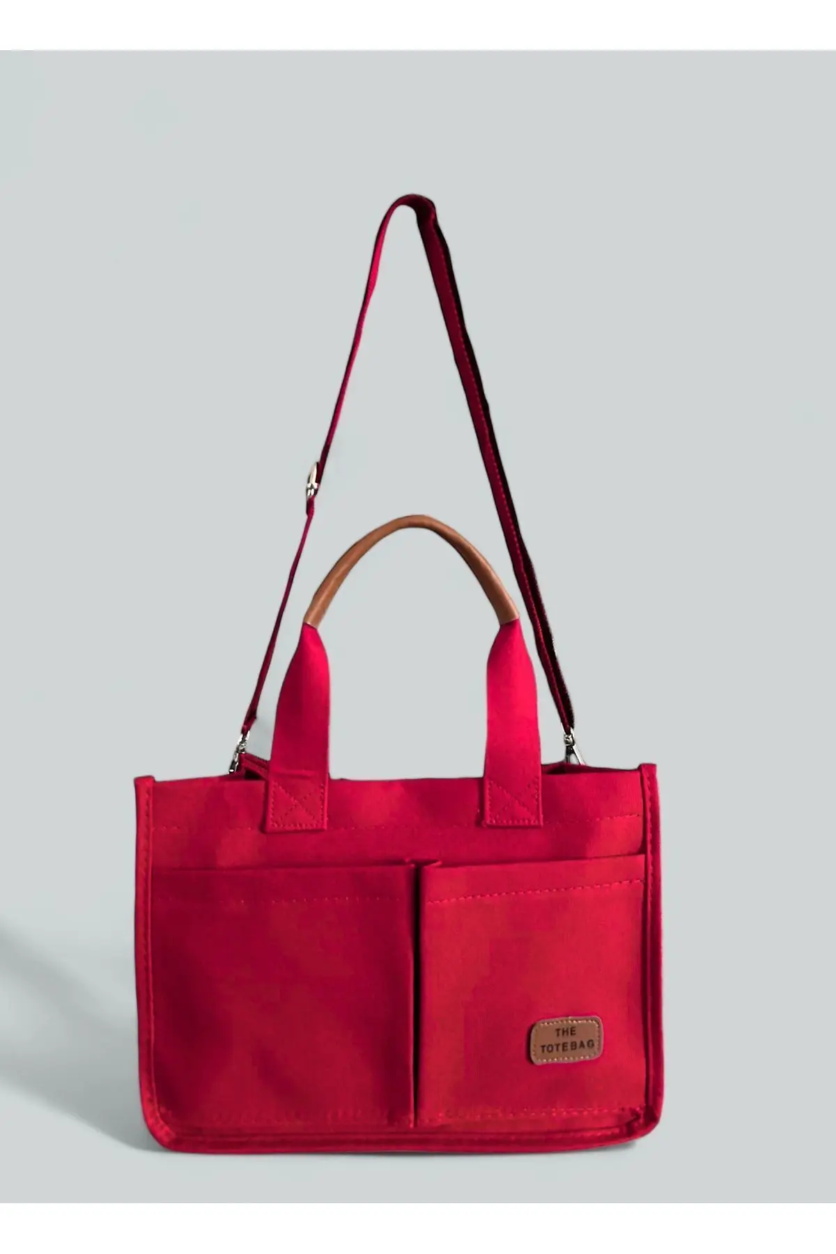 Kadın Kanvas Kumaş Kırmızı Renk İki Adet Ön Cepli Tote Bag El Ve Omuz Çantası