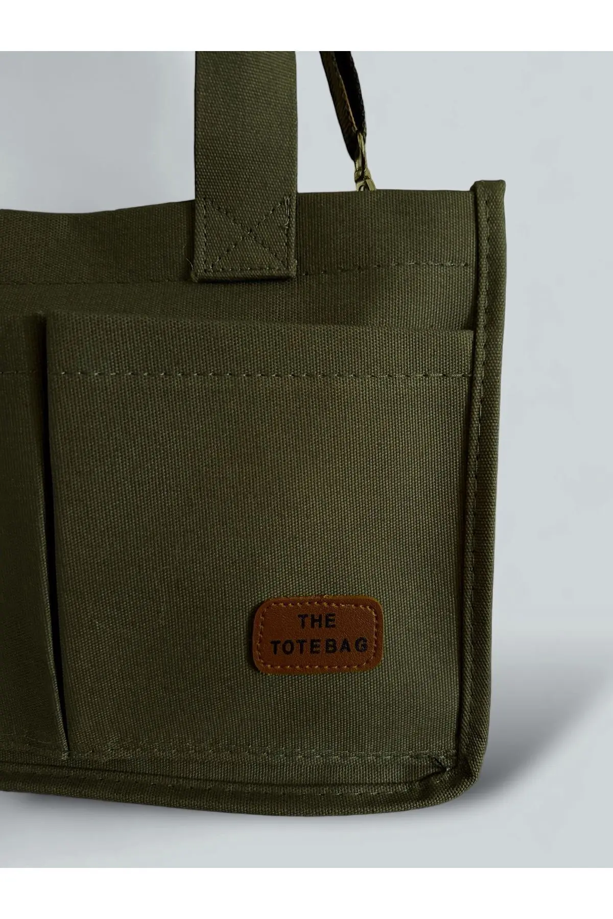 Kadın Kanvas Kumaş Koyu Yeşil Renk İki Adet Ön Cepli Tote Bag El Ve Omuz Çantası
