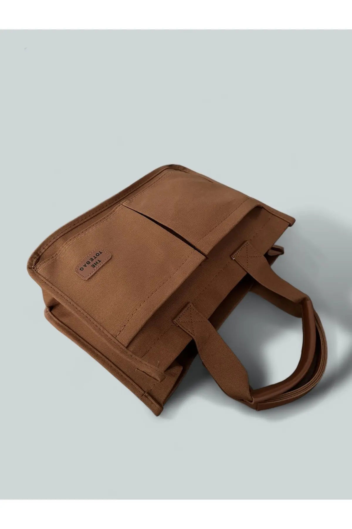 Kadın Kanvas Kumaş Taba Renk İki Adet Ön Cepli Tote Bag El Ve Omuz Çantası