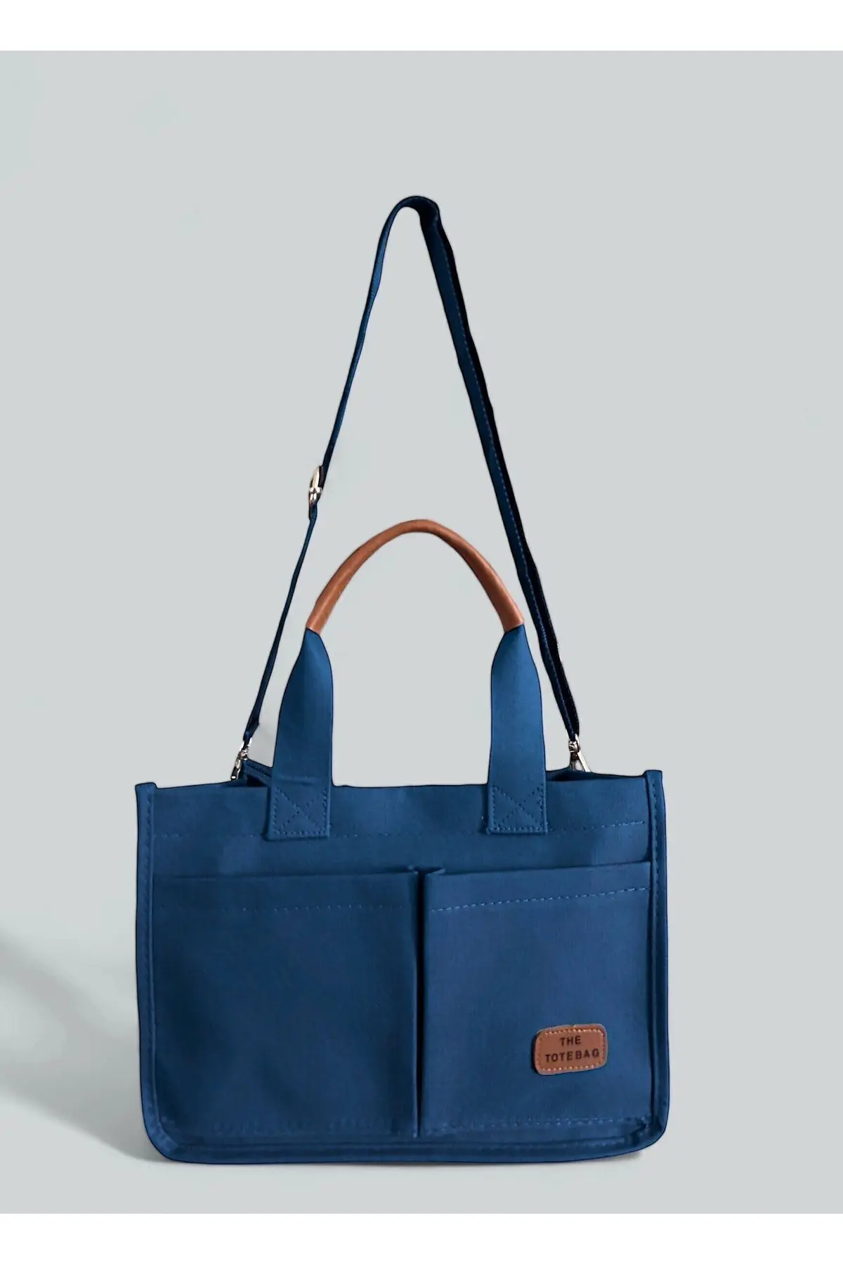 Kadın Kanvas Kumaş Mavi Renk İki Adet Ön Cepli Tote Bag El Ve Omuz Çantası