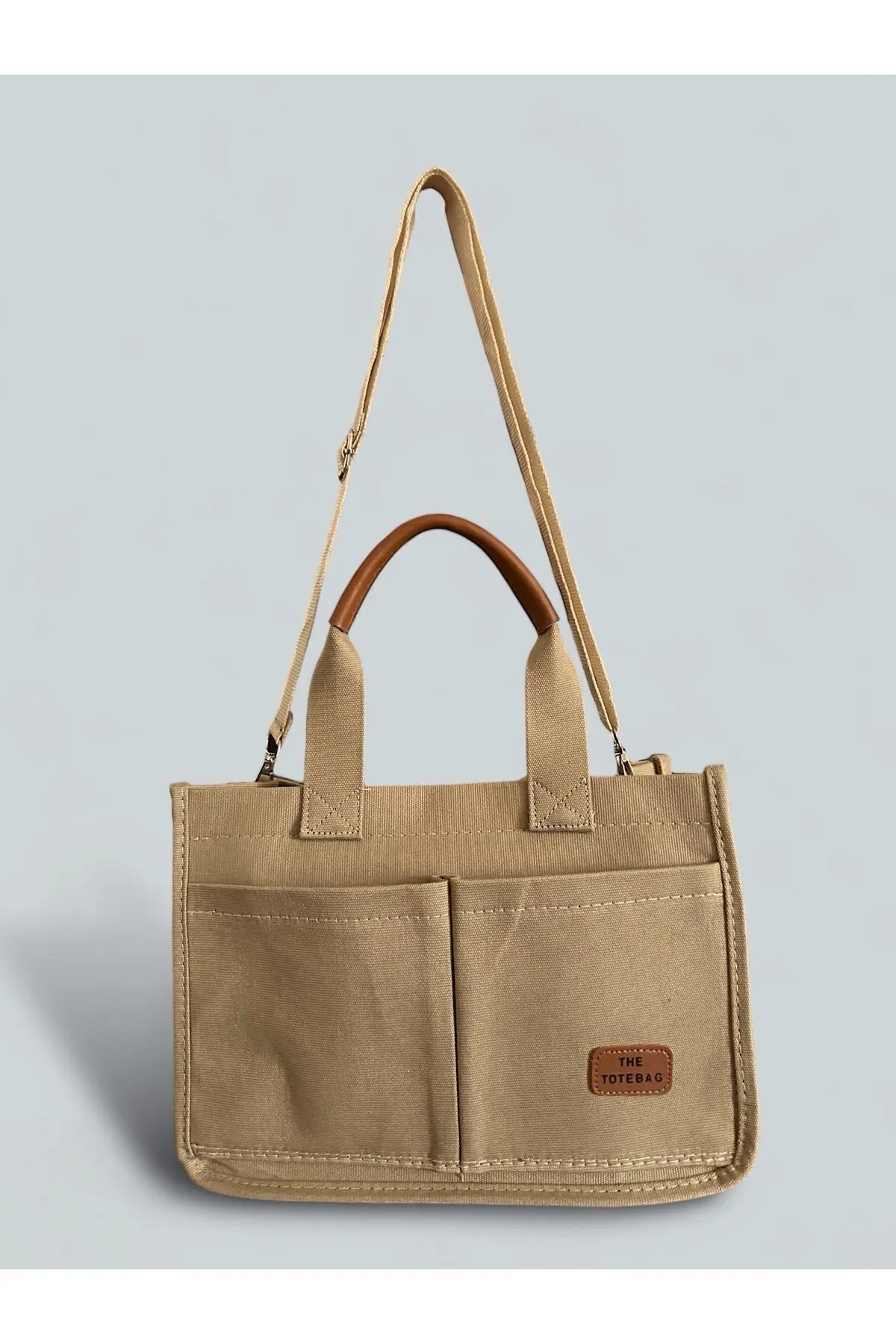 Kadın Kanvas Kumaş Bej Renk İki Adet Ön Cepli Tote Bag El Ve Omuz Çantası