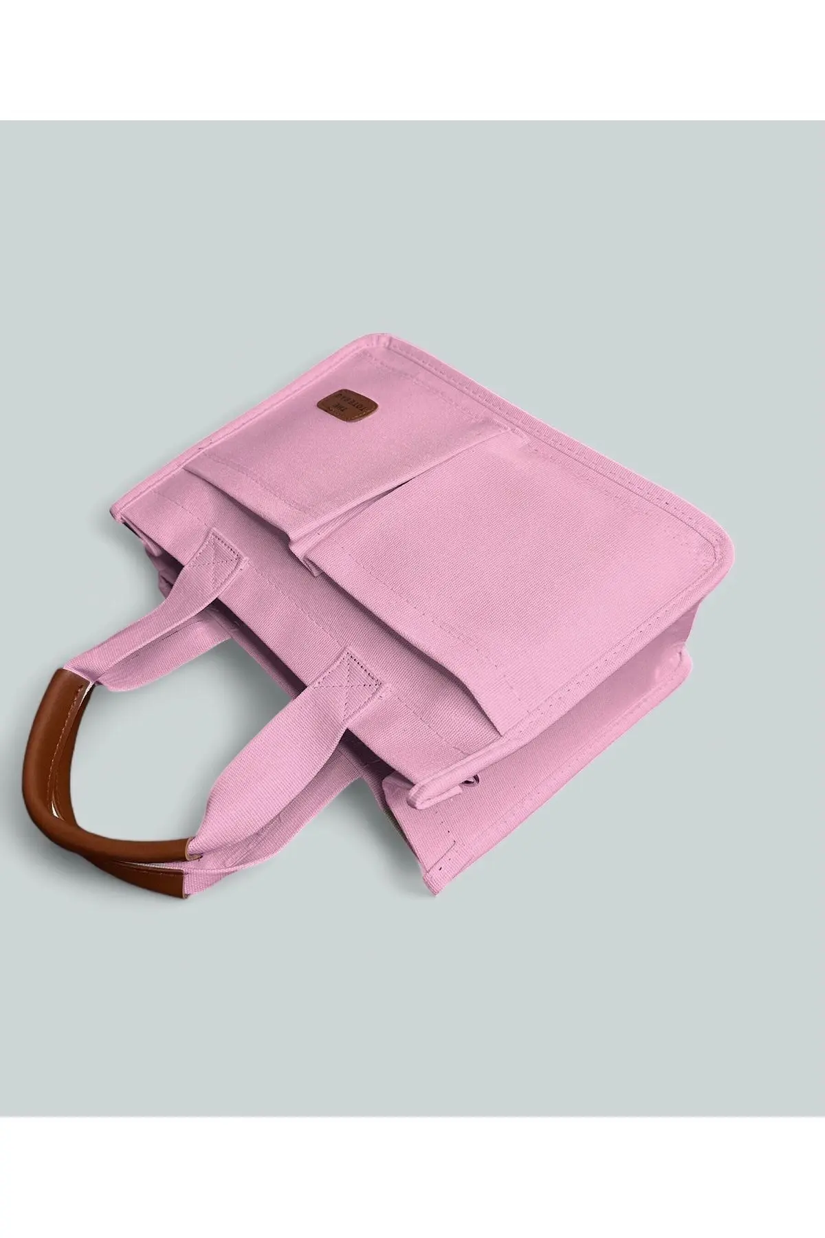 Kadın Kanvas Kumaş Pembe Renk İki Adet Ön Cepli Tote Bag El Ve Omuz Çantası
