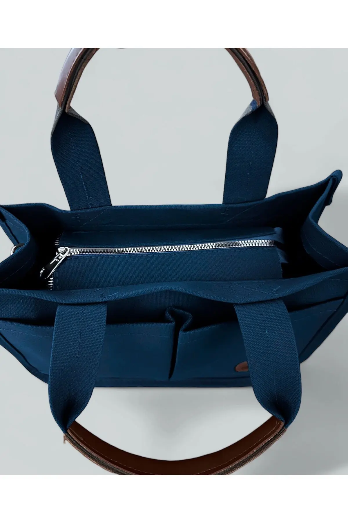 Kadın Kanvas Kumaş Mavi Renk İki Adet Ön Cepli Tote Bag El Ve Omuz Çantası