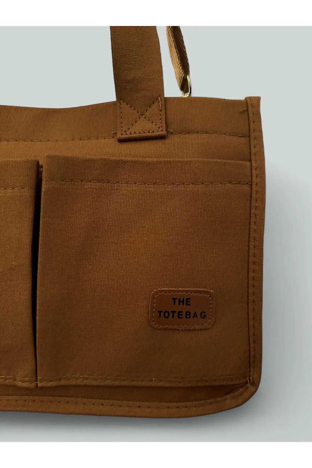 Kadın Kanvas Kumaş Taba Renk İki Adet Ön Cepli Tote Bag El Ve Omuz Çantası