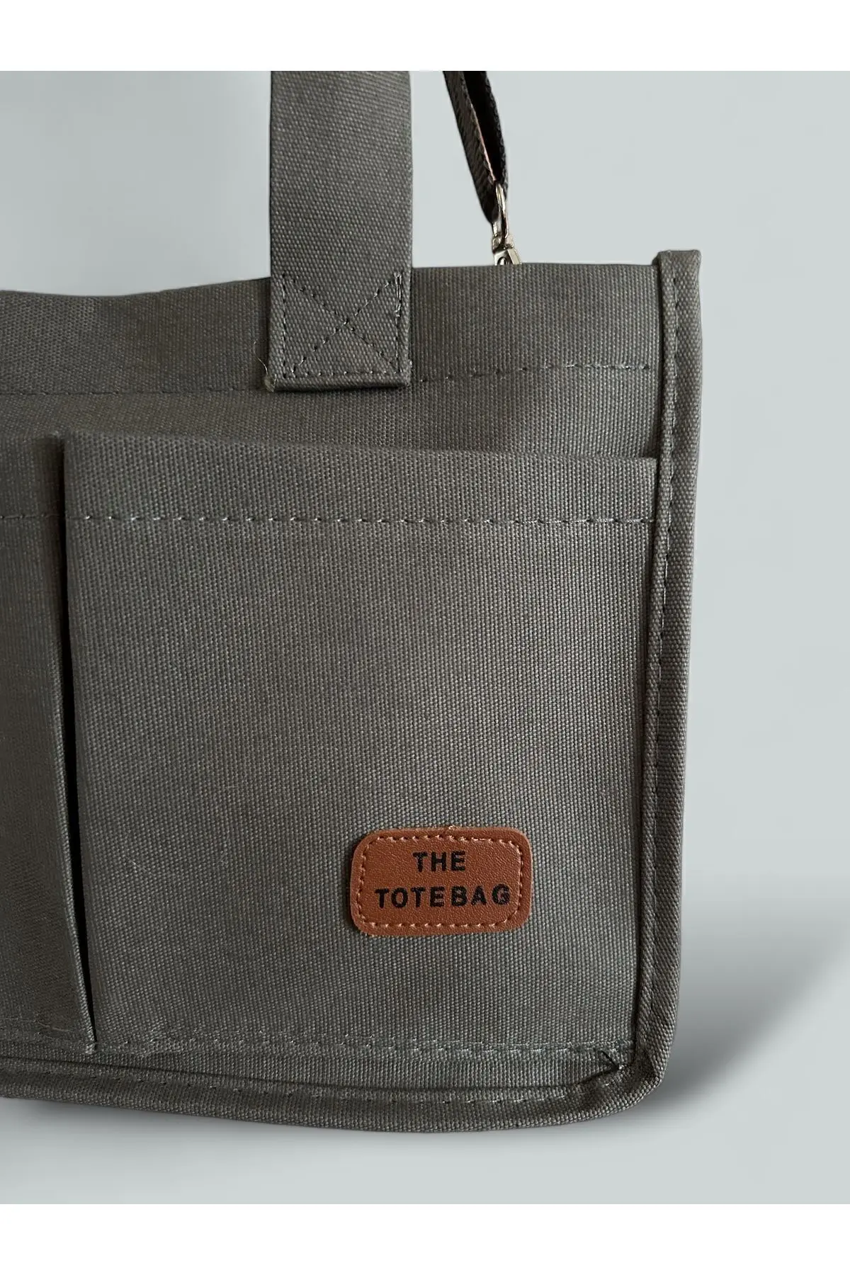 Kadın Kanvas Kumaş Gri Renk İki Adet Ön Cepli Tote Bag El Ve Omuz Çantası