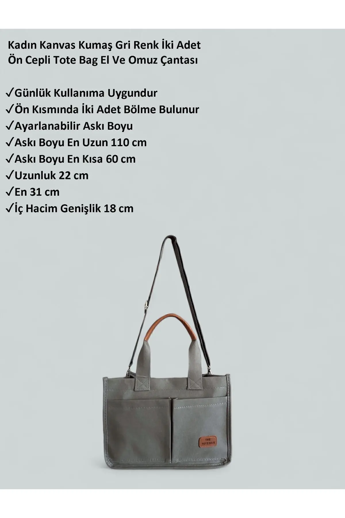 Kadın Kanvas Kumaş Gri Renk İki Adet Ön Cepli Tote Bag El Ve Omuz Çantası