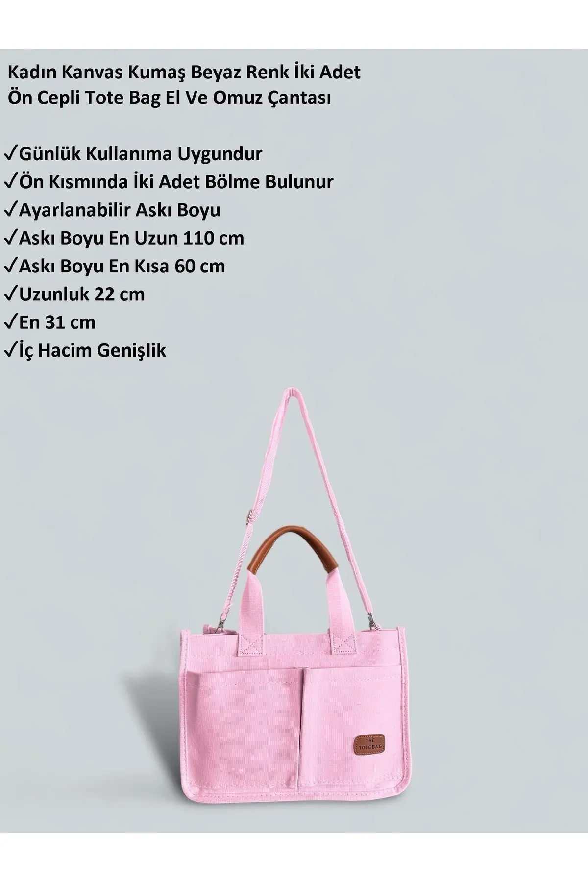 Kadın Kanvas Kumaş Pembe Renk İki Adet Ön Cepli Tote Bag El Ve Omuz Çantası
