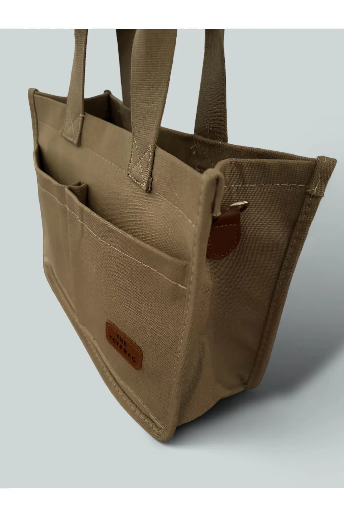 Kadın Kanvas Kumaş Bej Renk İki Adet Ön Cepli Tote Bag El Ve Omuz Çantası