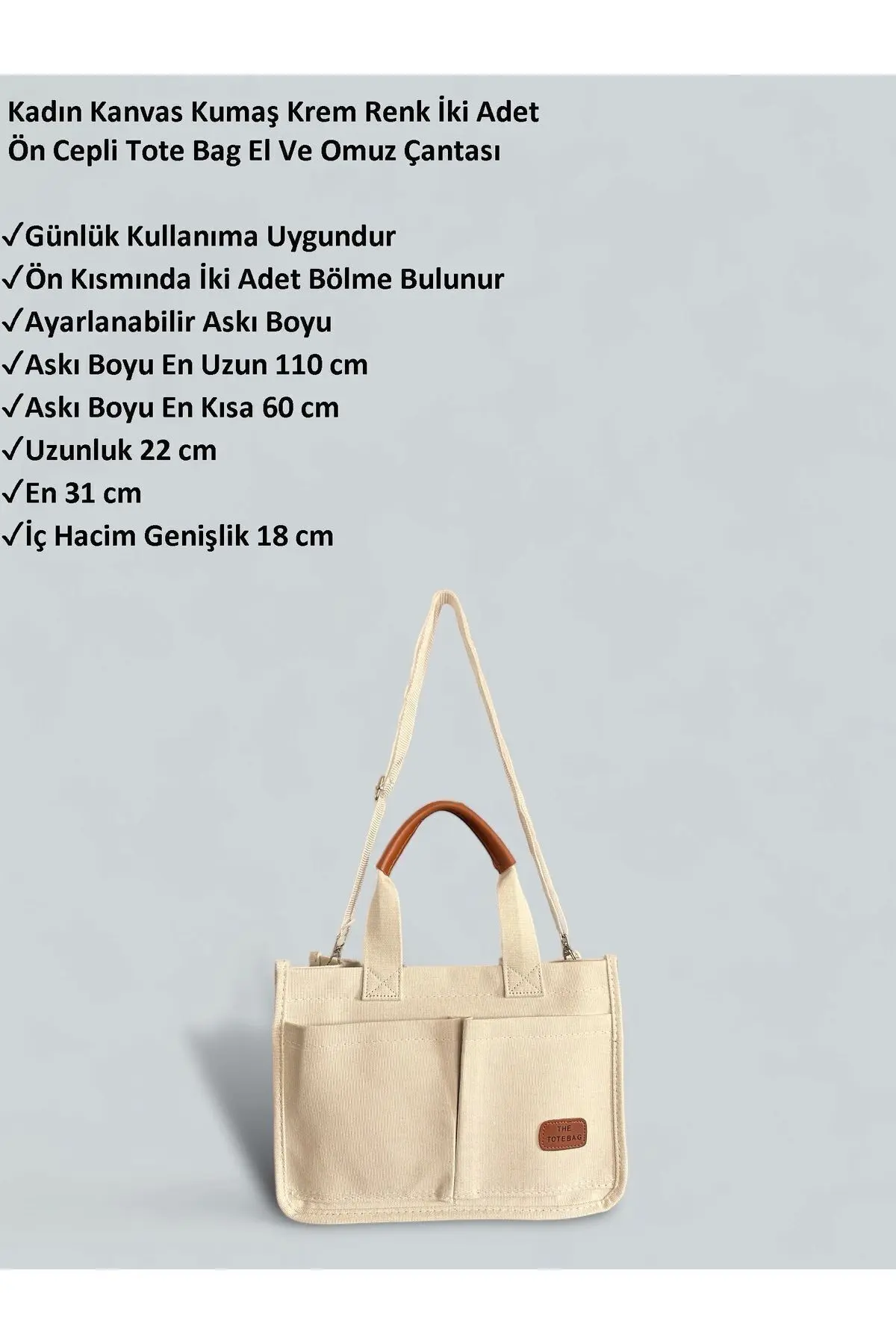Kadın Kanvas Kumaş Krem Renk İki Adet Ön Cepli Tote Bag El Ve Omuz Çantası