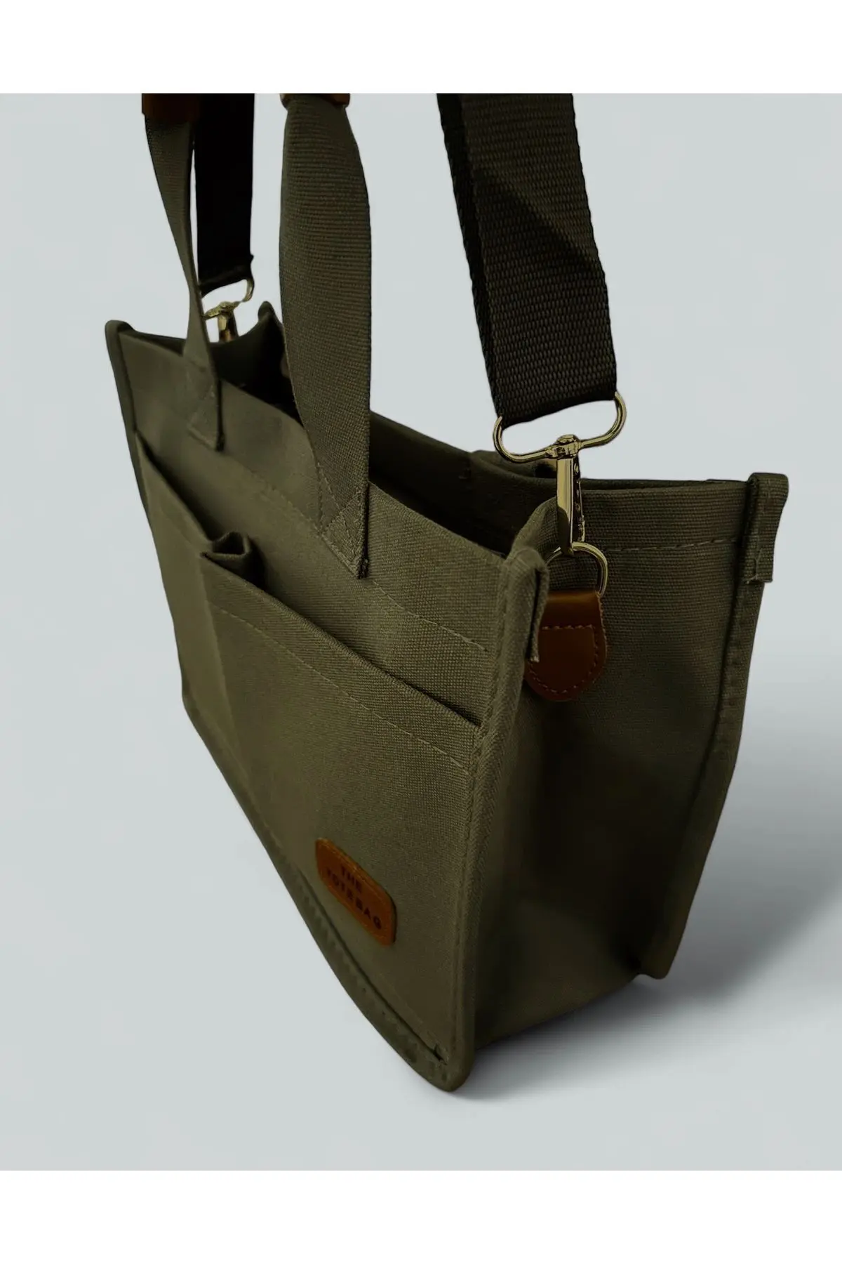 Kadın Kanvas Kumaş Koyu Yeşil Renk İki Adet Ön Cepli Tote Bag El Ve Omuz Çantası