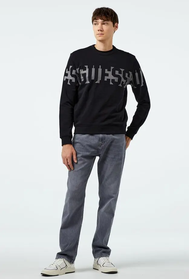 Guess Orizontal Logo Slub Terry 365 Erkek Siyah Sweatshirt