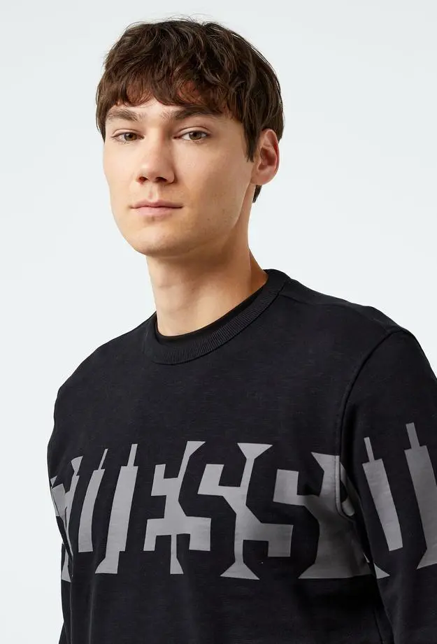 Guess Orizontal Logo Slub Terry 365 Erkek Siyah Sweatshirt