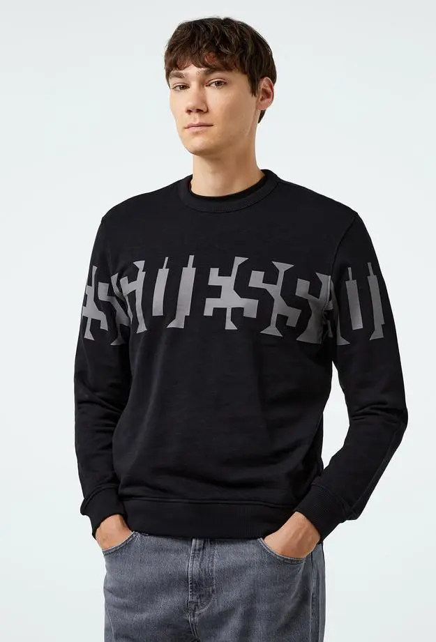 Guess Orizontal Logo Slub Terry 365 Erkek Siyah Sweatshirt