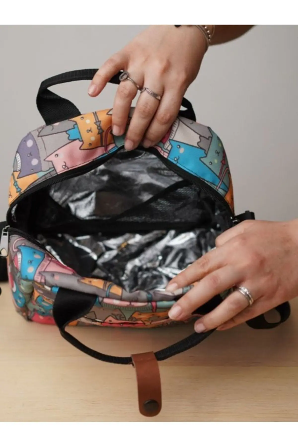 Isı Yalıtımlı Su Geçirmez Termal Çanta Yemek Taşıma Beslenme Çantası Askılı Kedi Desenli