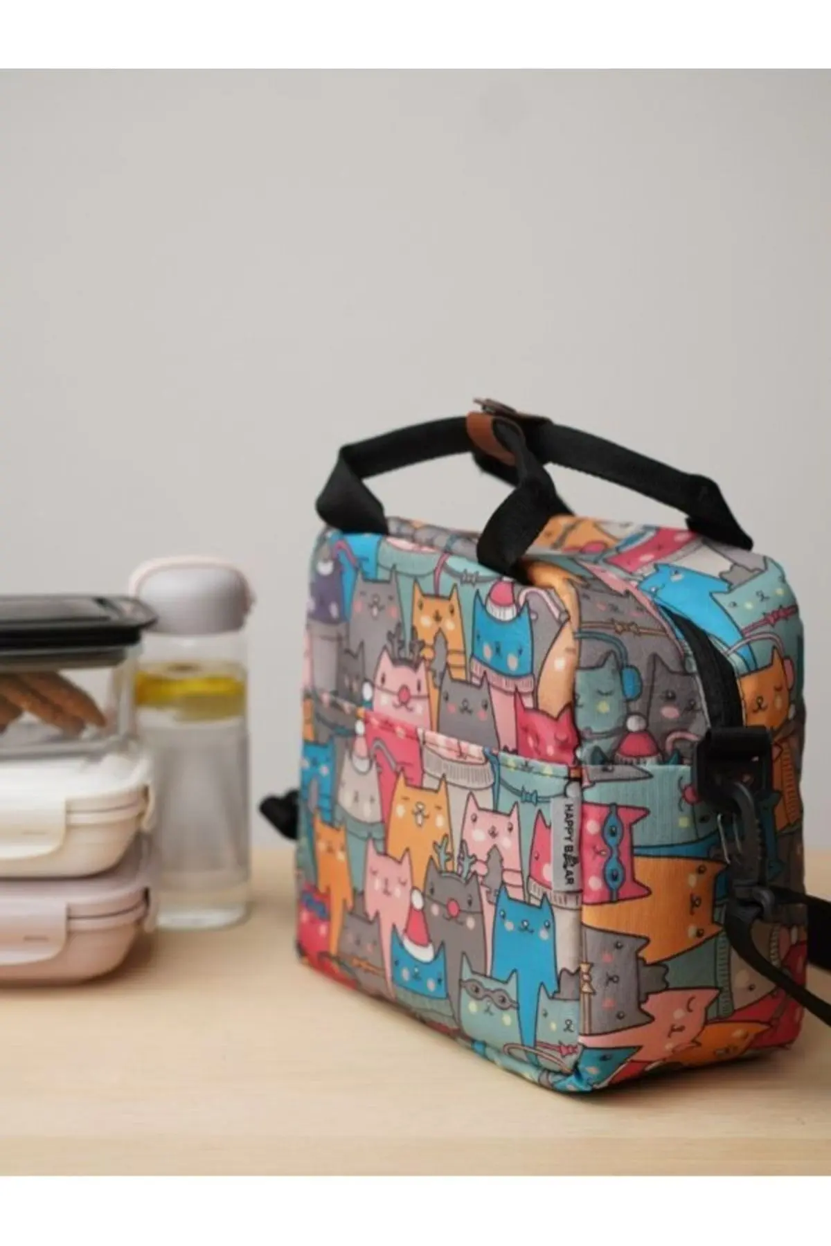 Isı Yalıtımlı Su Geçirmez Termal Çanta Yemek Taşıma Beslenme Çantası Askılı Kedi Desenli