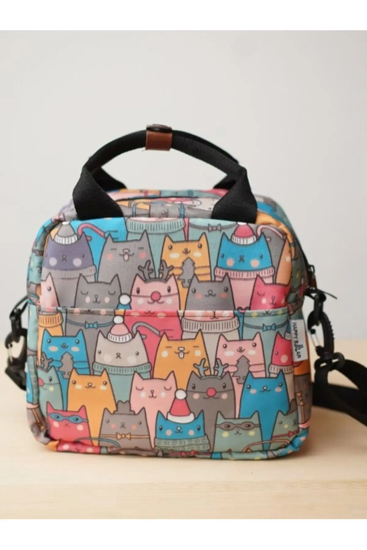 Isı Yalıtımlı Su Geçirmez Termal Çanta Yemek Taşıma Beslenme Çantası Askılı Kedi Desenli