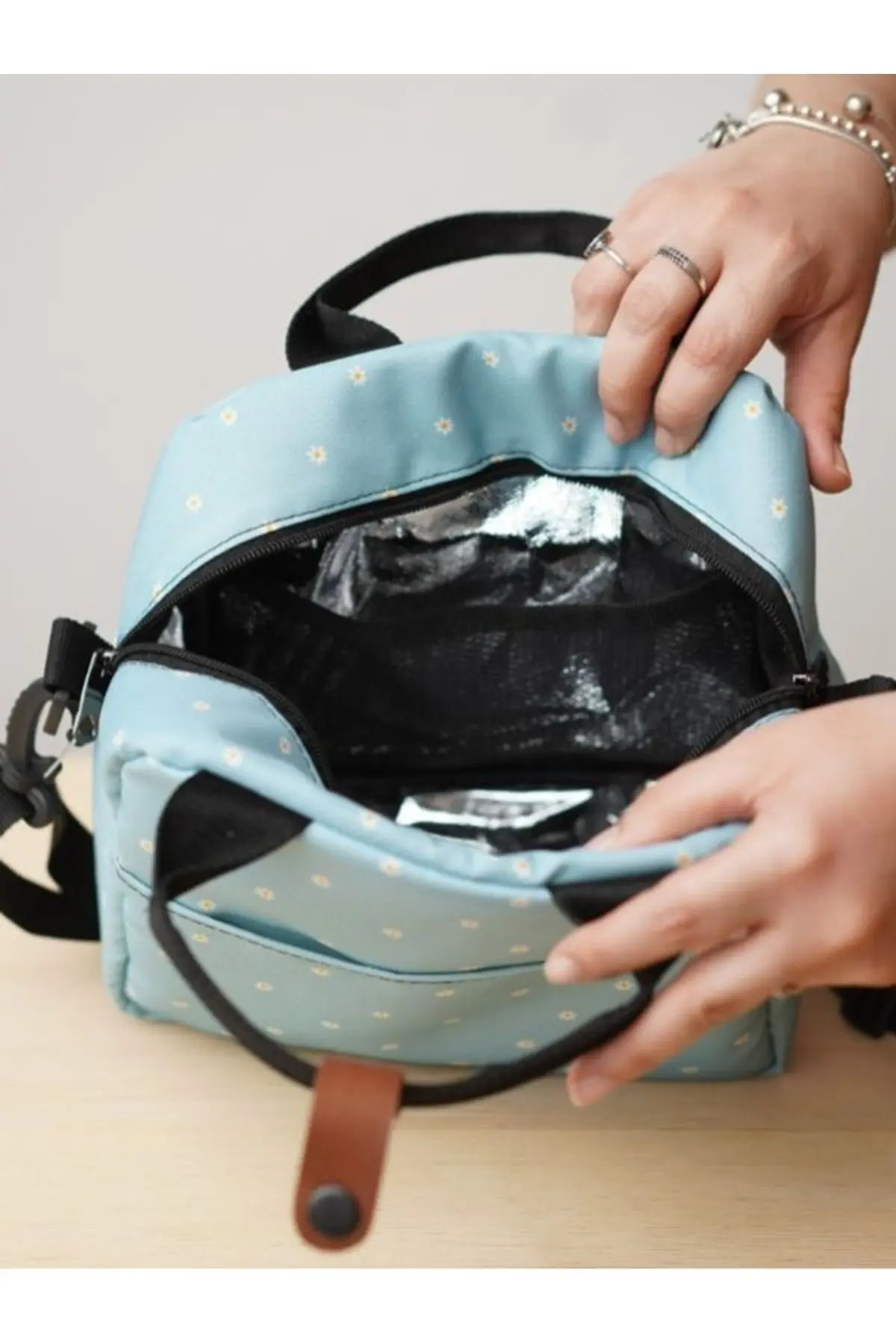 Isı Yalıtımlı Su Geçirmez Termal Çanta Yemek Taşıma Beslenme Çantası Askılı Çiçek Desenli