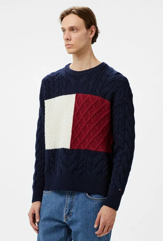 Tommy Hilfiger Cable Flag Erkek Mavi Kazak