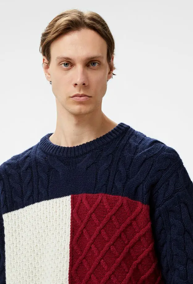 Tommy Hilfiger Cable Flag Erkek Mavi Kazak