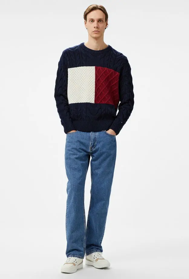 Tommy Hilfiger Cable Flag Erkek Mavi Kazak