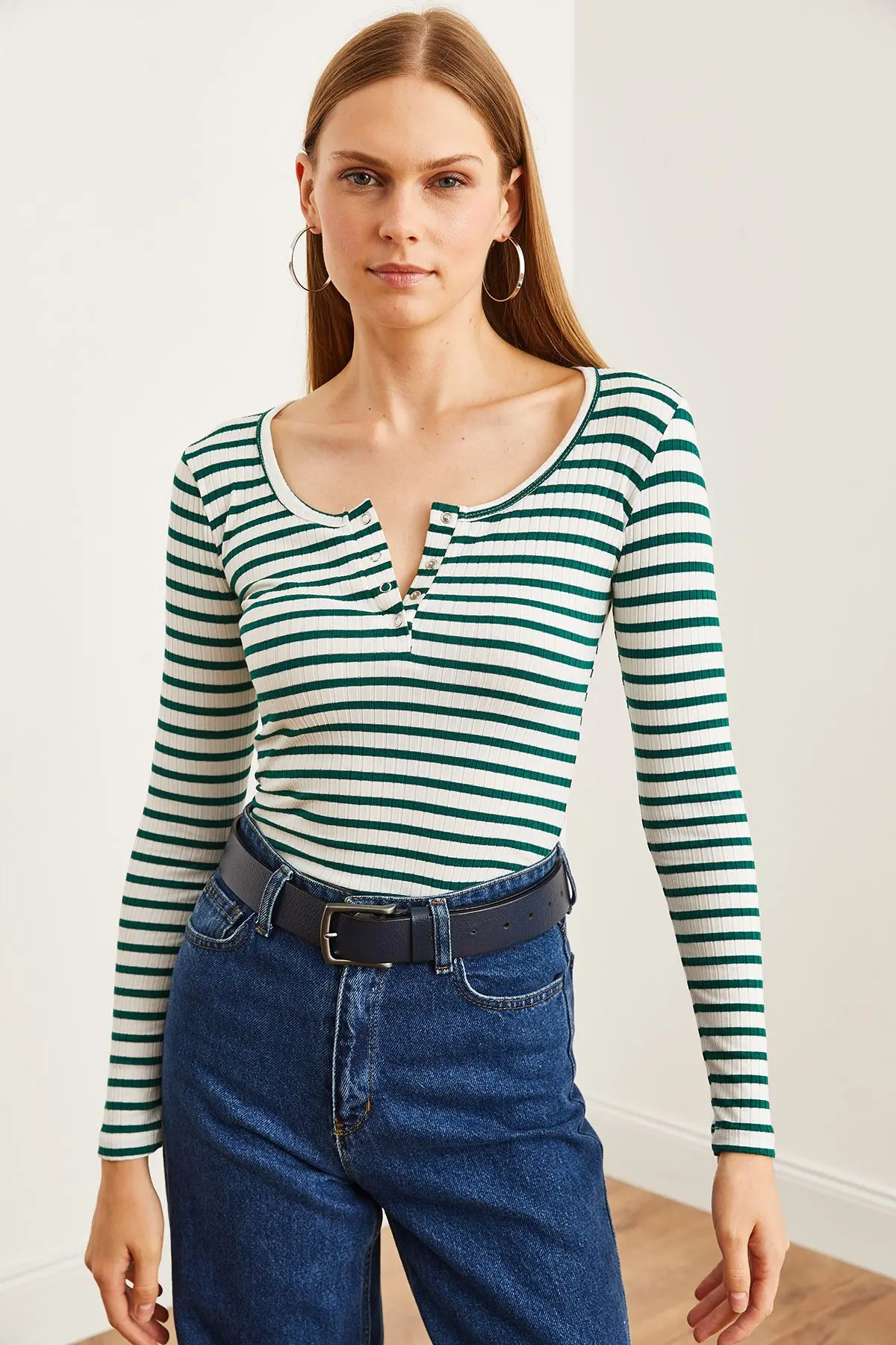 Kadın Kalın Fitilli Zümrüt Yeşili Patlı Kaşkorse Bluz BLZ-19000588