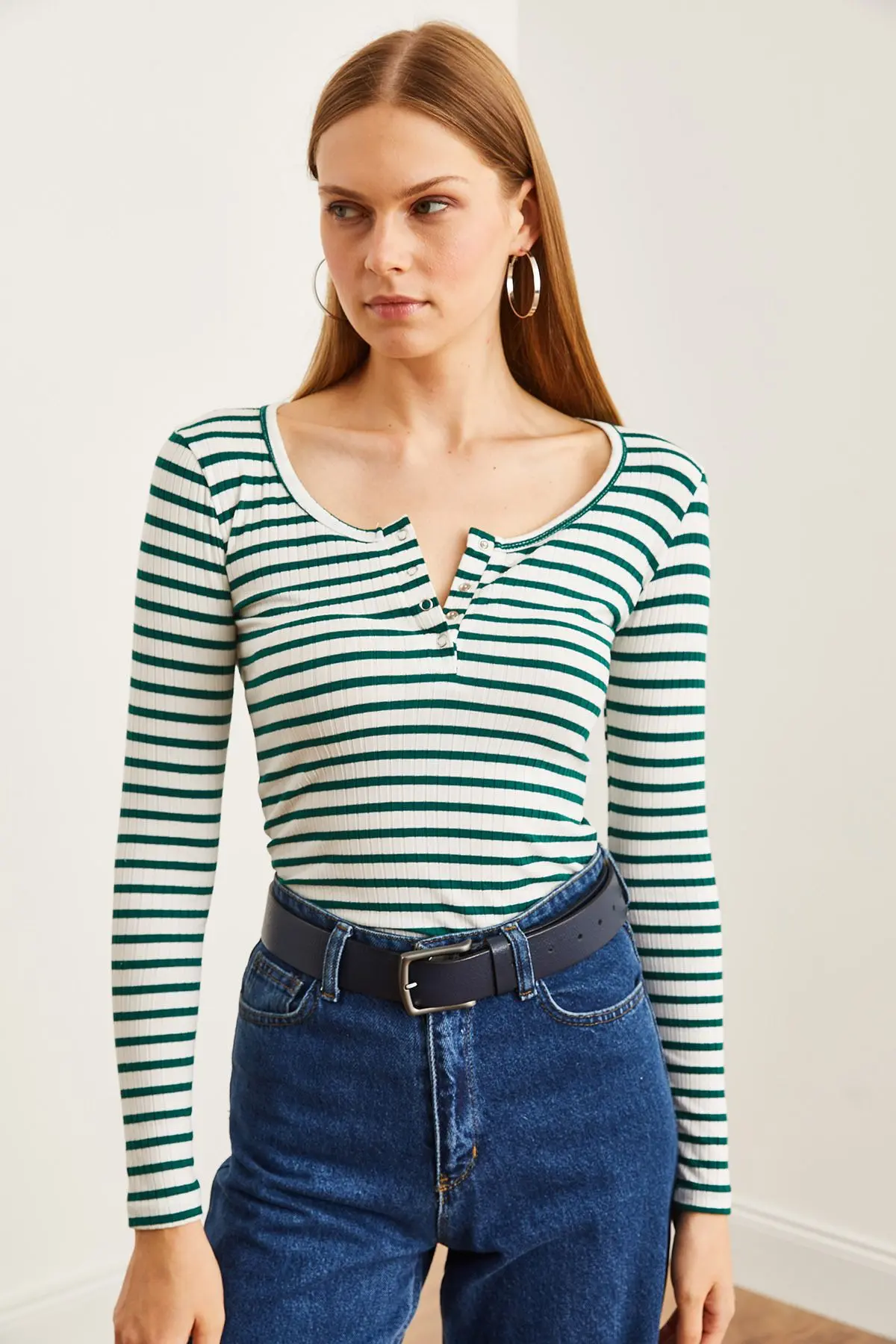 Kadın Kalın Fitilli Zümrüt Yeşili Patlı Kaşkorse Bluz BLZ-19000588