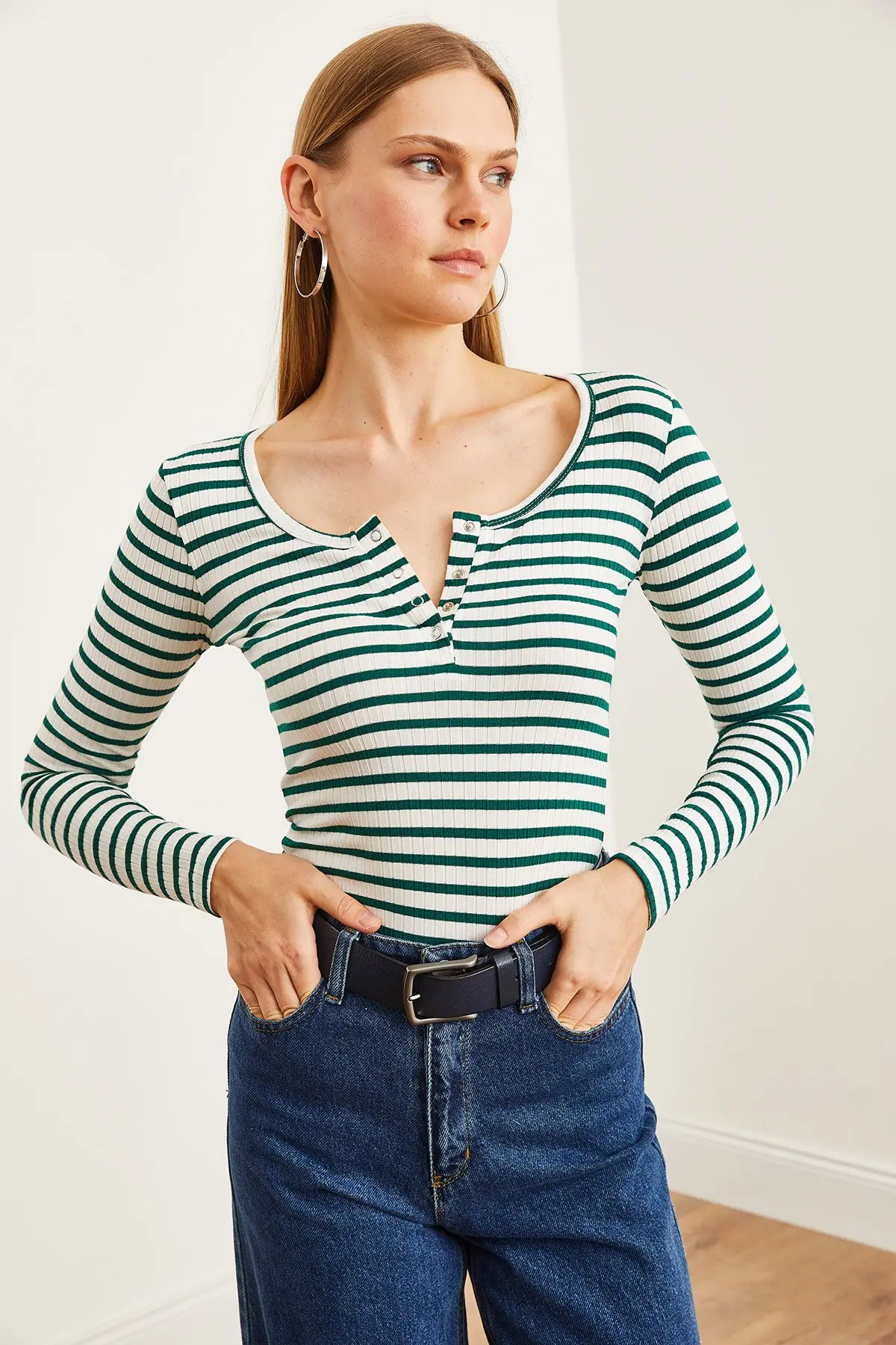 Kadın Kalın Fitilli Zümrüt Yeşili Patlı Kaşkorse Bluz BLZ-19000588