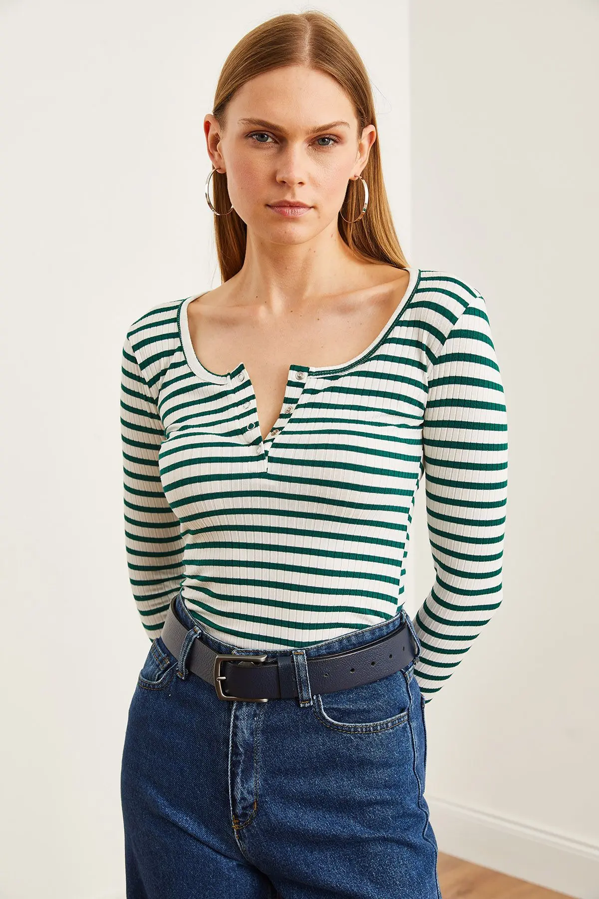 Kadın Kalın Fitilli Zümrüt Yeşili Patlı Kaşkorse Bluz BLZ-19000588